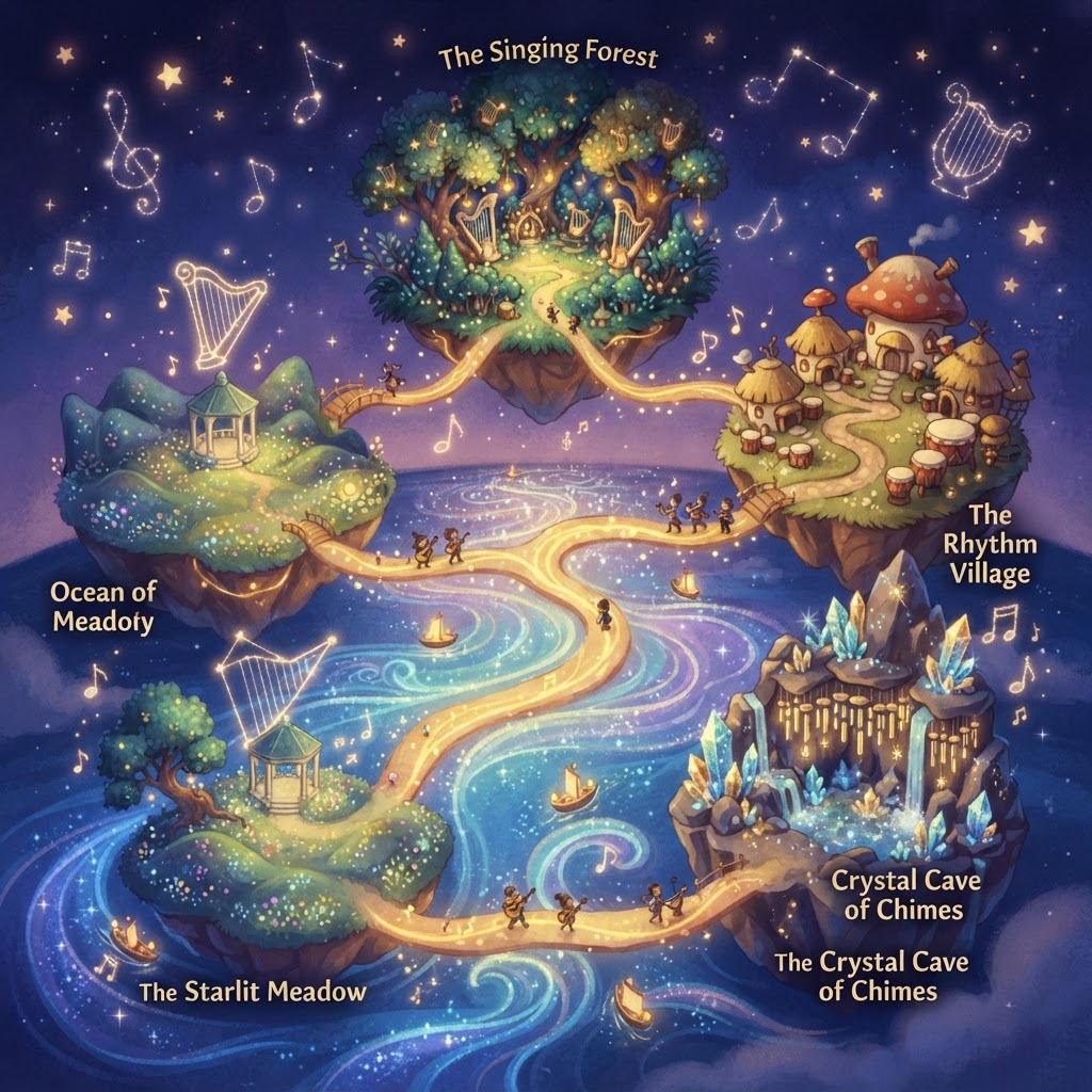 A magical map of musical islands connected by glowing golden paths